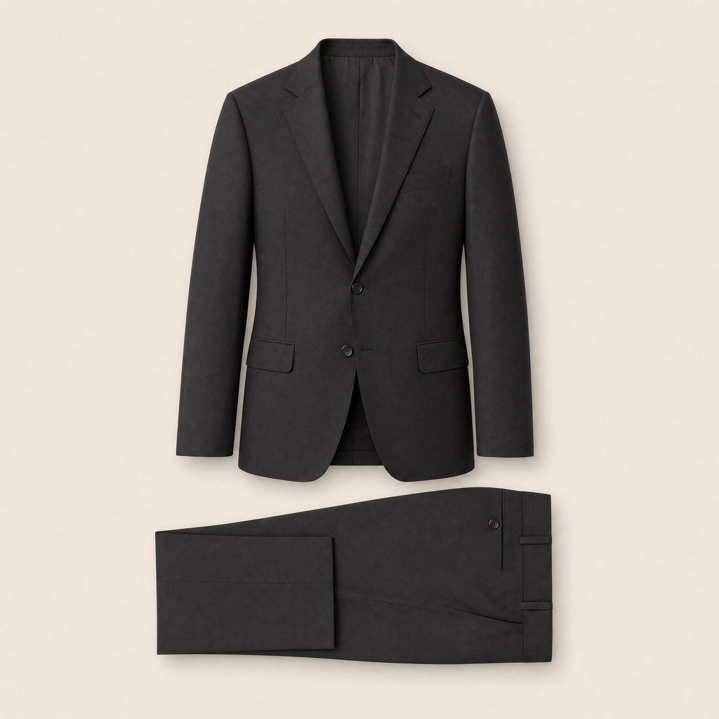 Goya two-piece suit — True Black technical, on model